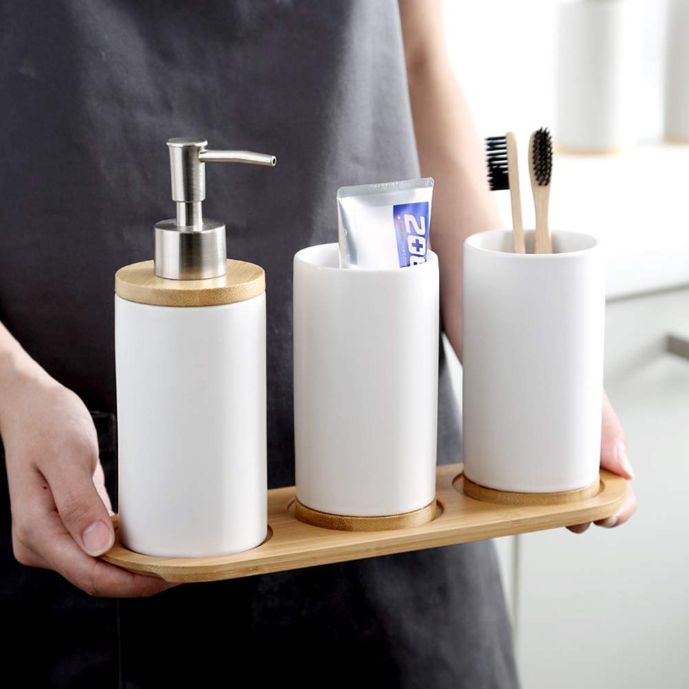 Zestaw akcesoriów łazienkowych ceramiczny, 4-częściowy, uchwyt na szczoteczki do zębów, dozownik mydła, komora bambusowa, kubek na szczoteczki do zębów