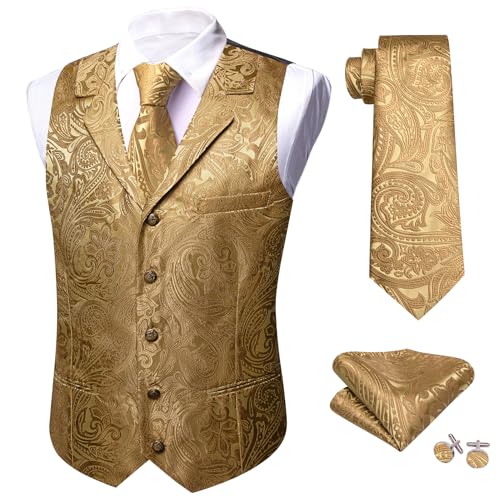 Image of Barry.Wang Mens Silk Lapel /Shawl Collar Vest Tie Sleeve Holder Set Formal /Casual Paisley Vests Wedding Tuxedo Waistcoat