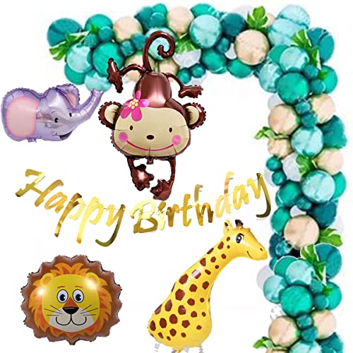 Jungle Animal Green Balloons Arch Kit - Decoración de fiesta de ducha para bebé con cumpleaños de oro, jirafa hinchable grande, tigre y elefante, diseño de hojas de palmera artificiales Cover