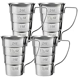 ELFULLY 4 Pieces Stepped Jiggers with Handle, 2 oz Cocktail Jigger for Bartending, 304 Stainless Steel Liquor Measuring Cups, Shot Measure Cup for Bar Supplies Restaurant, Dishwasher Safe, Silver