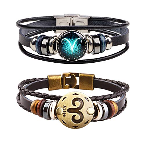 YANCHUN 2Pcs Punk Aries Bracelet 12 Zodiac Constellation Bracelet Leather Horoscope Bracelet Bangle Set for Women Men (D:Aries)