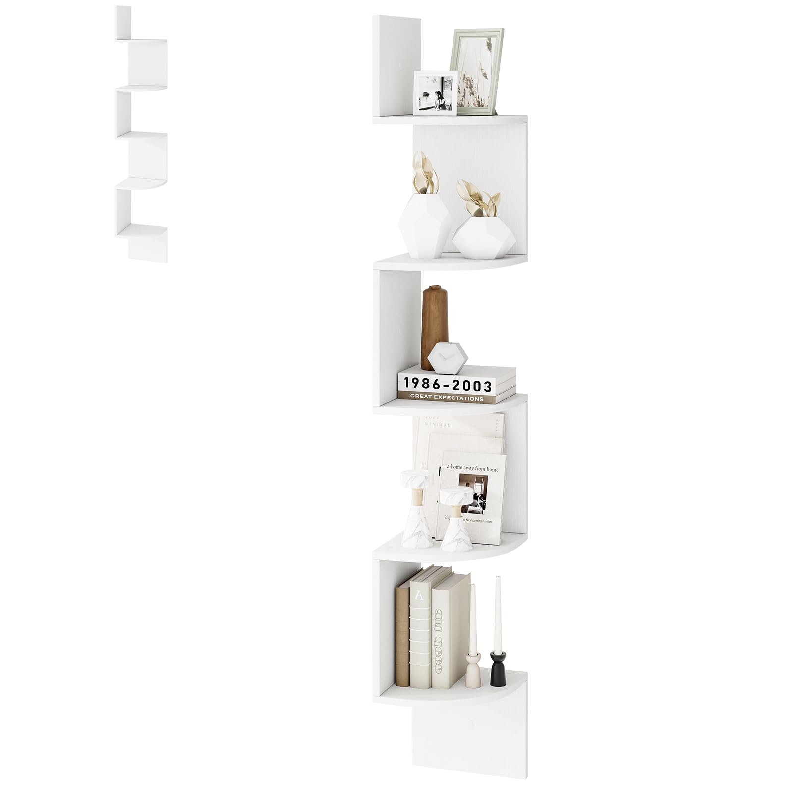 HOMASIS Libreria Angolare da Parete con 5 Ripiani, Scaffale ad Angolo in Legno, Libreria Sospesa Salvaspazio e Aperto per Decorazioni da Soggiorno, Ufficio e Bagno, 20 x 20 x 126 cm (Bianco)