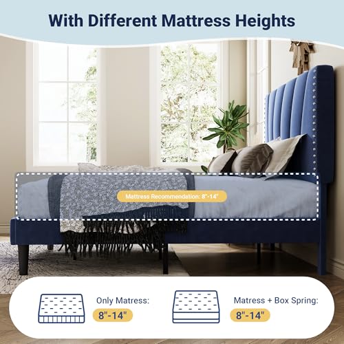Image of Allewie Queen Size Velvet Platform Bed Frame with Adjustable Headboard Blue