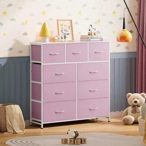 Image of WLIVE 9 Drawer Dresser, Fabric Storage Tower for Bedroom, Hallway, Closet, Tall Chest Organizer Unit for Bedroom with Fabric Bins, Steel Frame, Wood Top, Easy Pull Handle, A-Pink