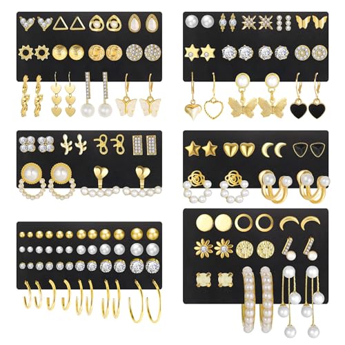 84 Pairs Gold Stud Earrings Set for Women Multipack, Fashion Pearl Cubic Zirconia Butterfly Earrings Packs Piercings, Hypoallergenic Stud Hoops Earrings for Gift (Style05-gold)