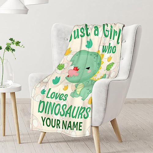 Personalized Dinosaur Blanket Gifts with Name - 40"x50" Cute Throw for Girls - Green Soft Fuzzy Blankets for Bed, Couch & Living Room
