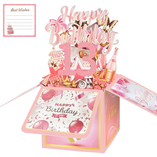 Carte d'anniversaire 13 ans fille avec enveloppes 3D