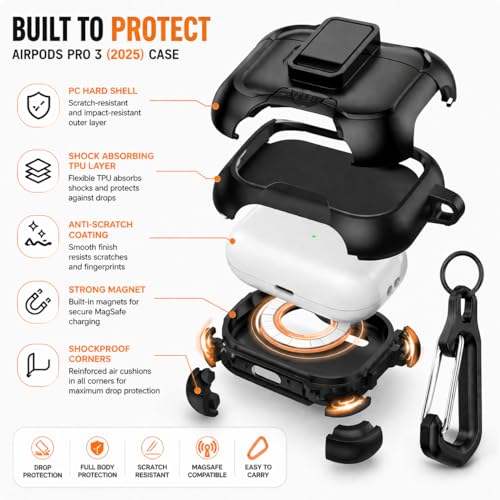 Image of Mizi AirPods Pro 3 Case (2025) with Lock & Phone Stand, MagSafe Compatible Protective Cover with Auto-Open Lid, Shockproof TPU+PC Case with Cleaning Kit & Keychain - Black