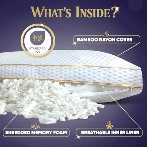 Image of Royal Therapy Queen 4-Pack Memory Foam Pillow, Adjustable Shredded Odor-Free Cut-Out Bed Pillow for Neck & Shoulder Pain Relief, Breathable Support for Back, Stomach, Side Sleepers, BioForm