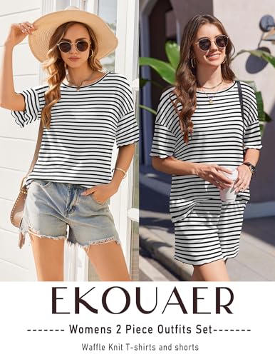 Image of Ekouaer Lounge Sets for Women Waffle Knit Pajama Set Shorts 2 Piece Matching Loungewear Summer Outfits with Pockets