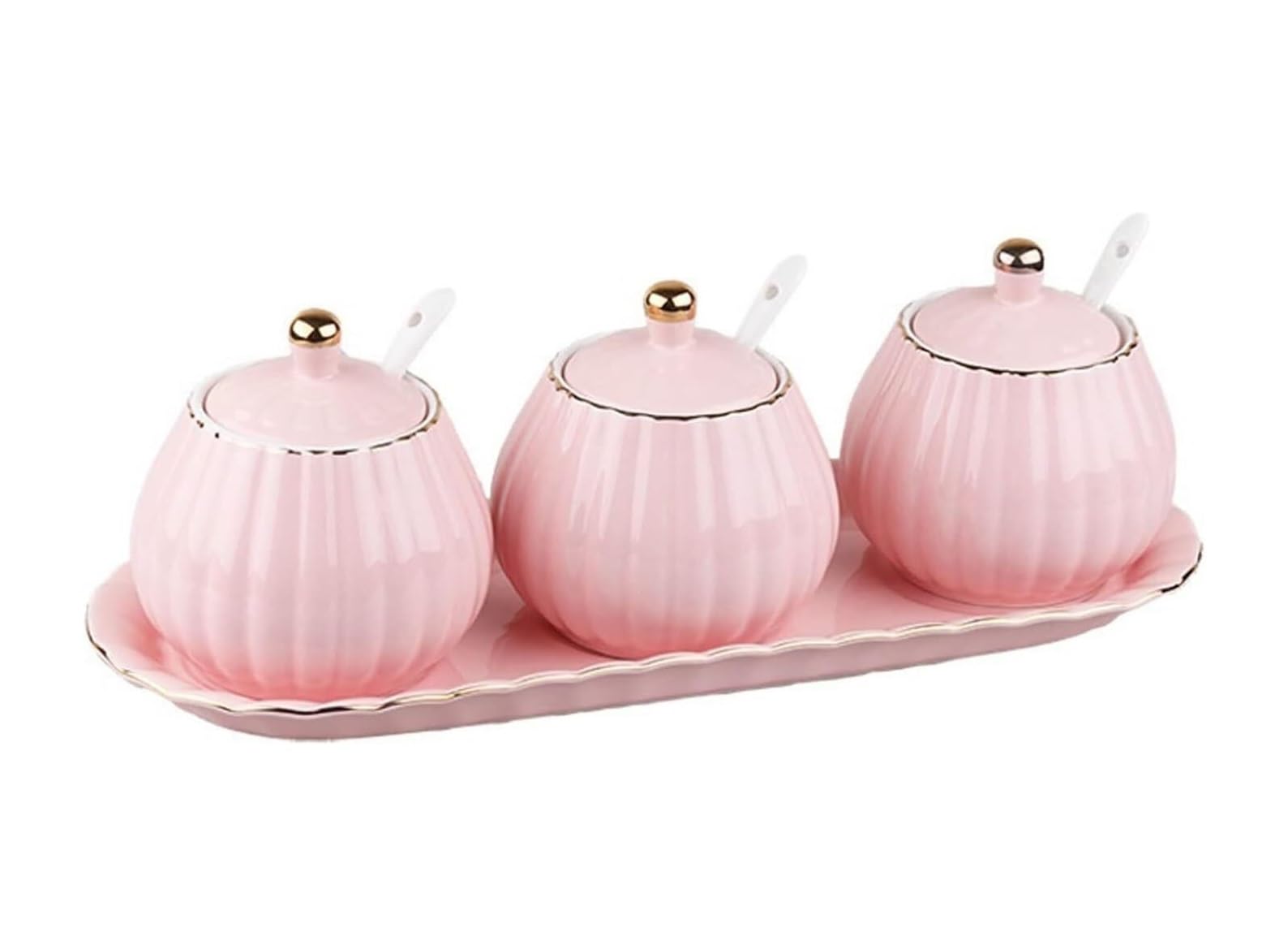 Salero Y Azucarero Cocina Juego De Tarros Especias Cerámica Con Tapa, Cuchara Y Bandeja, Para Condimentos, Caja Para Almacenamiento En El Hogar, Para Sal, Cocina Caja De Almacenamiento(Pink)