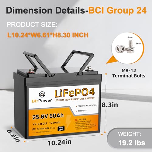 Image of 24V 50Ah Lith ium Trolling Motor B attery | 4000+ Deep Cycle LiFePO4 Battery,50A BMS, Group24 Size,for Marine Boat Kayak Yacht