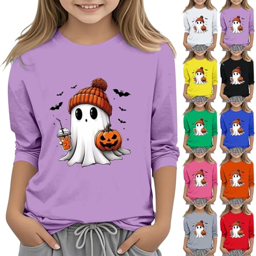 Casual 3/4 Sleeve T Shirts for Kids Girls Halloween 3D Printed Sweatshirt Cute Cartoon Crewneck Pullover Fashion Tees