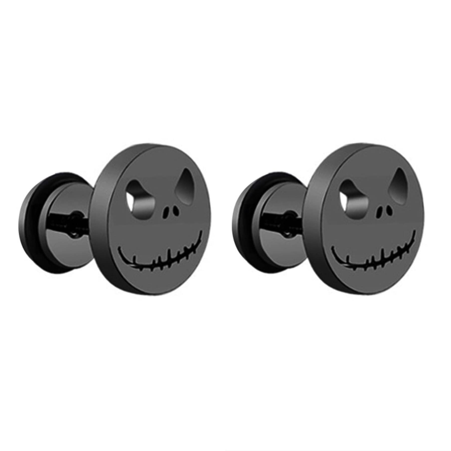 Stainless Steel Black/Silver Jack Skellington Cut-Out Round Circle Button Stud Post Earrings（10mm） ER72