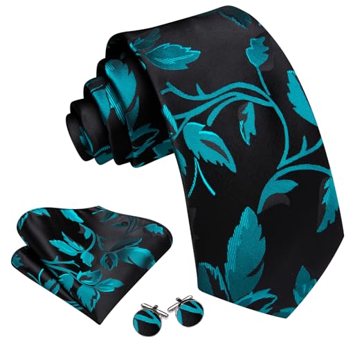 Image of Barry.Wang Flower Ties for Men Silk Woven Floral Tie Sets Necktie Handkerchief Cufflinks Wedding Party