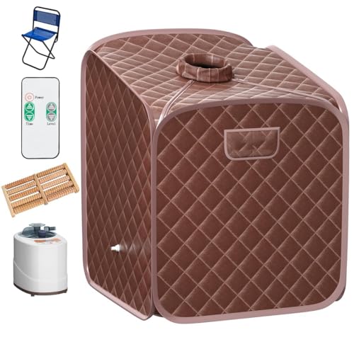RELAX4LIFE Sauna de Vapor Portátil 2 L, Cabina Doméstica para SPA, 9 Temperaturas Ajustables, 0-99 Minutos, Mando a Distancia y Silla, 1000 W (Marrón)