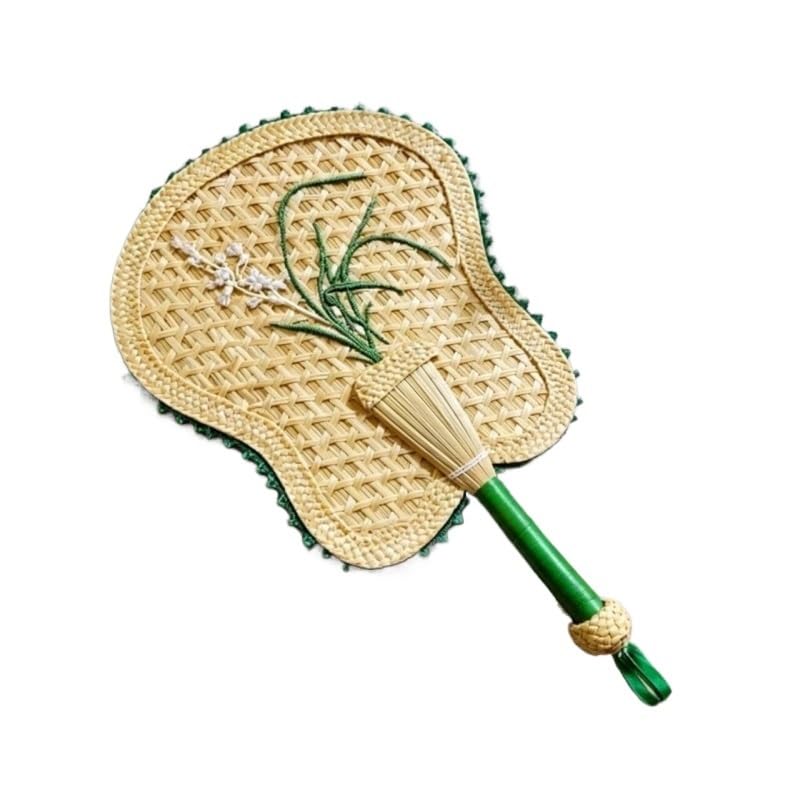 Natural Woven Hand Fan with Orchid Embroidery Portable Handheld for Cooling Traditional Handle