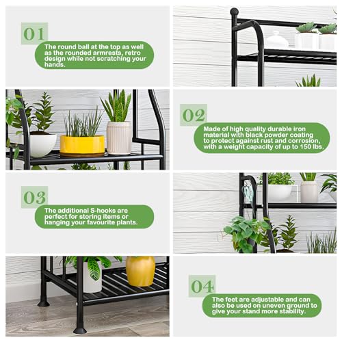 CXRYLZ-FUR Blumenregal Metall, 5 Tire Schwarz Pflanzenständer mit 10 Haken, Pflanzenregal Blumenständer Lagerregal Blumentreppe Pflanzentreppe Gartenregal Plant Stand für Indoor Outdoor Balkon Küche