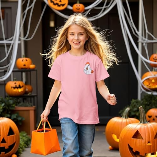 Girl Halloween Shirt Ghost Drinking Coffee Tshirt Pumpkin Short Sleeve Tee Top Kids Spooky Season Fall Outfit 7-12Y2