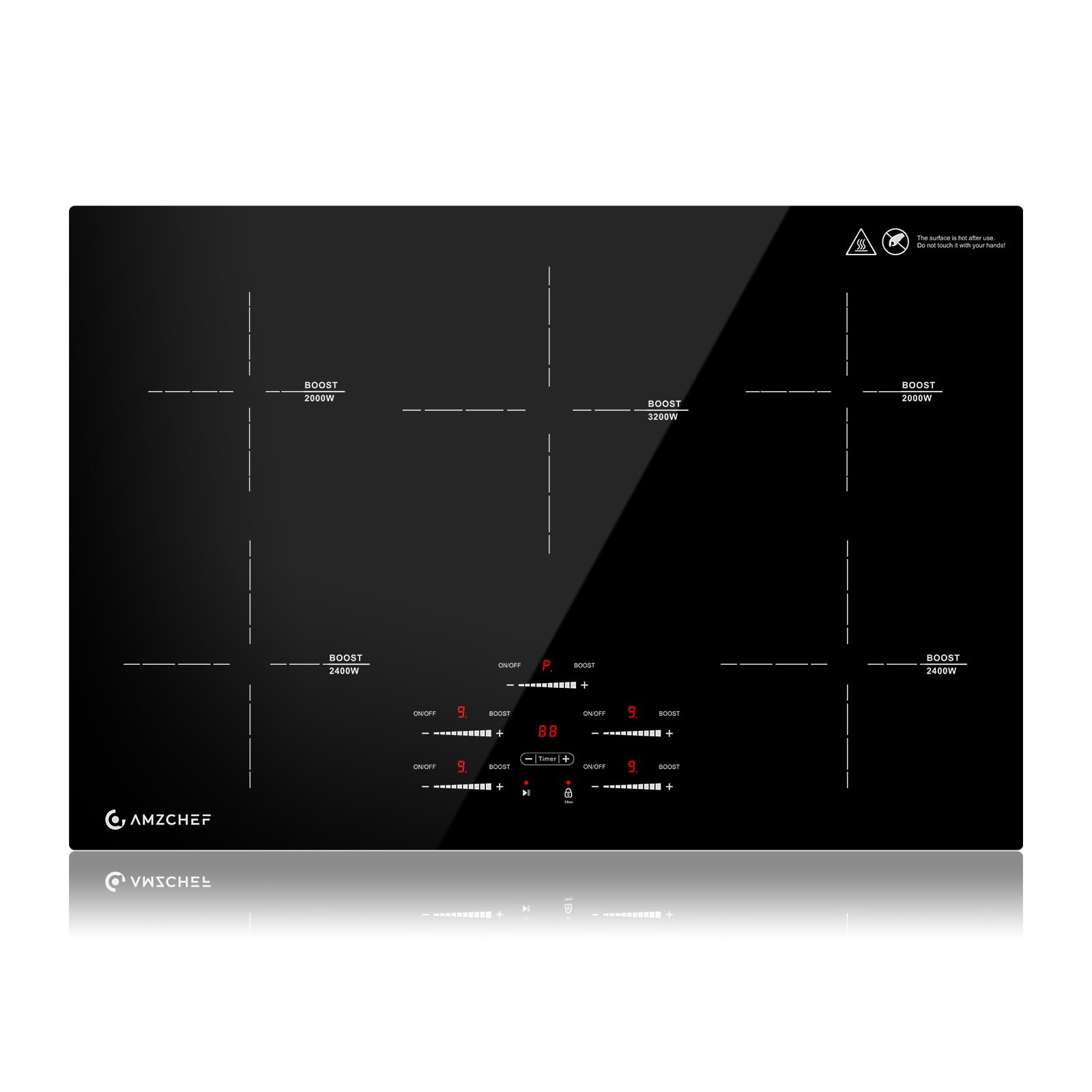 Placa inducción 80cm, AMZCHEF placa de inducción encastrable 5 zonas con booster y 9 niveles, función pausa, mantener caliente, control deslizante, temporizador, bloqueo de seguridad, 9500W