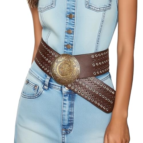 IZUS Retro-Punk Western-Belt for Women PU-Leather Eyelets-Waist-Strap Women's Vintage Belt with Wide-Disc-Buckle4