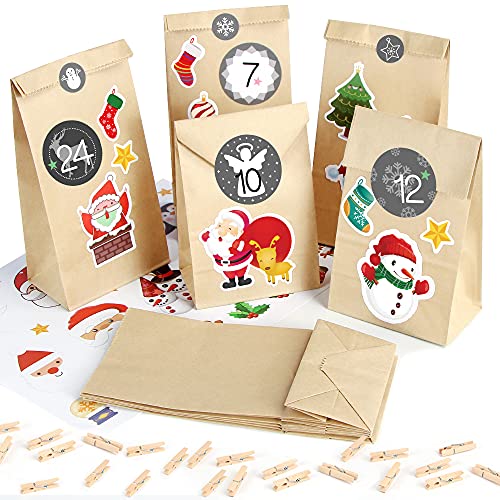 Sprinlot Calendario de Adviento para Rellenar, 25 Bolsas de Papel Kraft Navideño con Números Adhesivos, DIY Calendario de Adviento Navidad, Adviento Bolsa de Regalo, Bolsas de Papel Navideño Cover