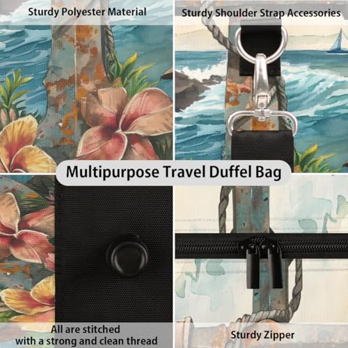 Travel Duffel Bag, Ocean Anchor Tropical Flower Sports Tote Gym Bag Foldable Western Aztec Weekender Bag Carry on Luggage Handle Bag Overnight Shoulder Bag for Women Men,A-4853