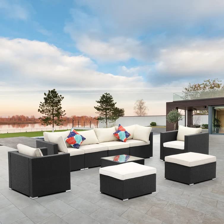 DEVOKO 6Pcs Outdoor Conversation Set Patio Furniture Set All Weather Wicker Sectional Couch Sofa, Center Table Ottoman with Cushions (Black and Off-White)