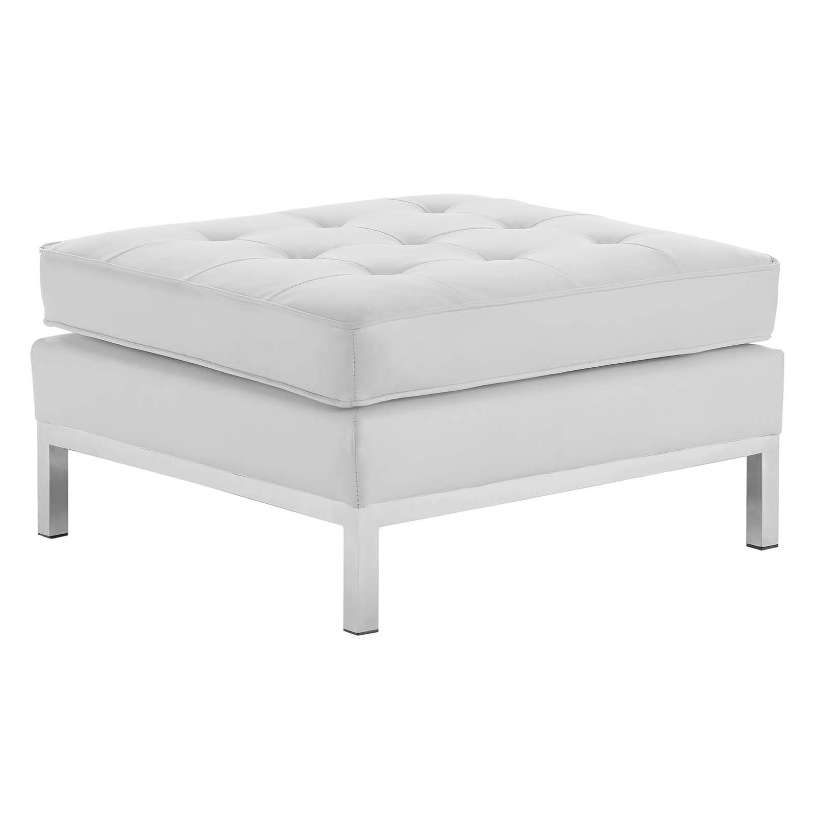 ModwayLoft Tufted Button Faux Leather Upholstered Square Ottoman in Silver White