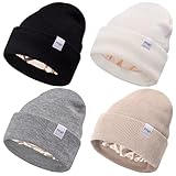 FEQO 4 Pack Satin Lined Winter Beanie Hats Soft Silk Lined Beanies Knit Warm Cuffed Hats for Women Men(Black, White, Light Gray, Oatmeal)