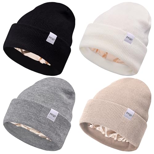 FEQO 4 Pack Satin Lined Winter Beanie Hats Soft Silk Lined Beanies Knit Warm Cuffed Hats for Women Men(Black, White, Light Gray, Oatmeal)