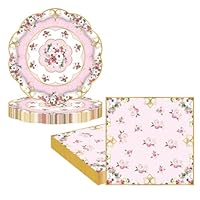 RONGZUBAT 36Pcs Floral Tea Paper Plates and Napkins Party Tableware Set,Afternoon Tea Birthday Paper Dessert Cake Plates Serviettes Disposable Tableware Set for Her Him Girls Women Tea Table Decor