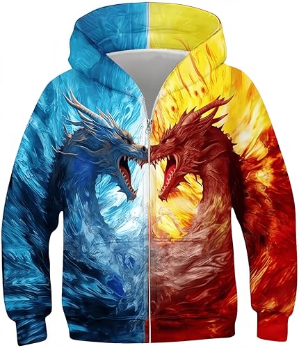 Ocean Plus Jungen Hoodies Sweatshirt mit Reißverschluss Lange Ärmel Pullover mit Kapuzen Kinder Kapuzenpullover (L (Körpergröße: 145-155 cm), Feuer und Wasser Zwei Drachen)