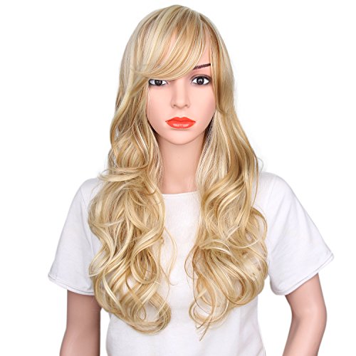AisiBeauty Long Wavy Hair Wig Synthetic Curly Wigs With Oblique Bangs Women Natural Hair Wigs Heat Resistant Fiber Blonde Big Wave Wig