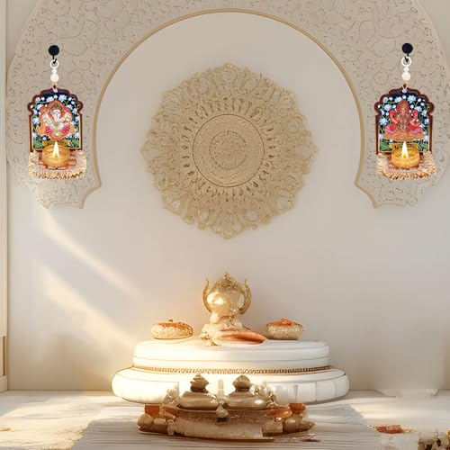 Image of Akaar Decor Lakshmi Ganesha Diya Hanging Set of 2 | Decorative Tea Light Candle Holder with Pearl Beads | Diwali Decoration, Pooja Room, Temple & Home Wall Decor