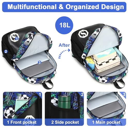 Backpack for Kids Boys Girls Bookbag 17 Inch Elementary School Bags Primary Laptop Rucksack for Teens Travel（Graffiti-Football Black)4