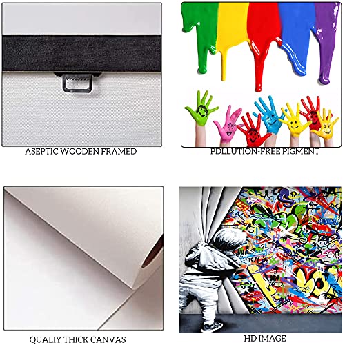 Behind The Curtain Canvas Prints Banksy Graffiti Wall Art Paintings Pop Art Colorful Posters Stretched Pictures For Living Room Modern Home Decor Framed Ready To Hang - 72” X 36” #TOP4