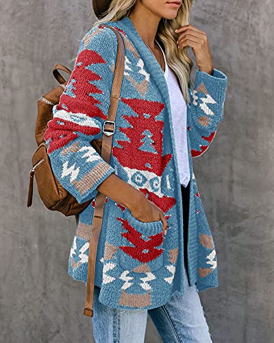 Image of FERBIA Women Boho Cardigan Aztec Open Front Loose Slouchy Sweaters Tribal Long Sleeve Knitted Christmas Jacket Coat