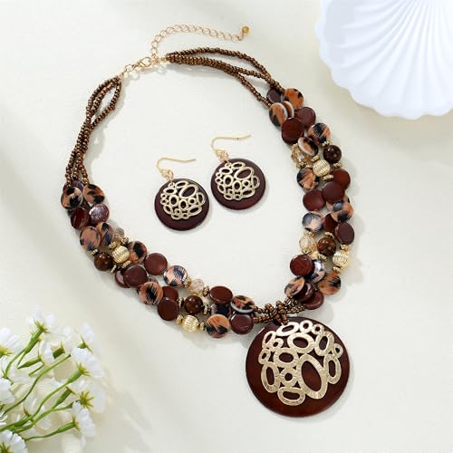 Gold/Silver plated Circle Metal Patterned Shell Pendant Necklace and Earrings Colorful Chunky Layered Shell Crystal Stone Beads Necklace Set for Women Leopard Print Brown Jewelry Set Gift3