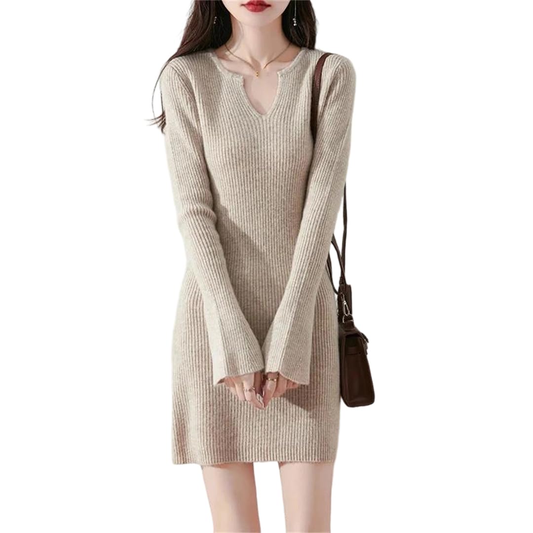 Abito da donna in lana lavorato a maglia autunno inverno midi manica svasata caldo maglione fondoschiene,Lighttan-M