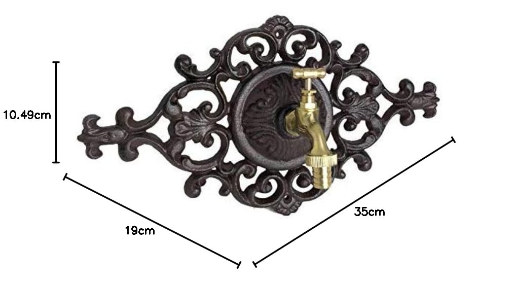 Fontaine de Charme Murale Source en Fonte Patinée Marron Robinet Laiton Doré 10,5x19x35cm