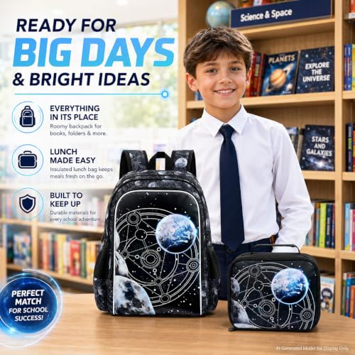 Image of AGSDON 3PCS Boys Backpack, 17 inch Kids Bookbag with Lunch Box for Boy, Planet Backpacks Water Resistant and Lightweight for Teen