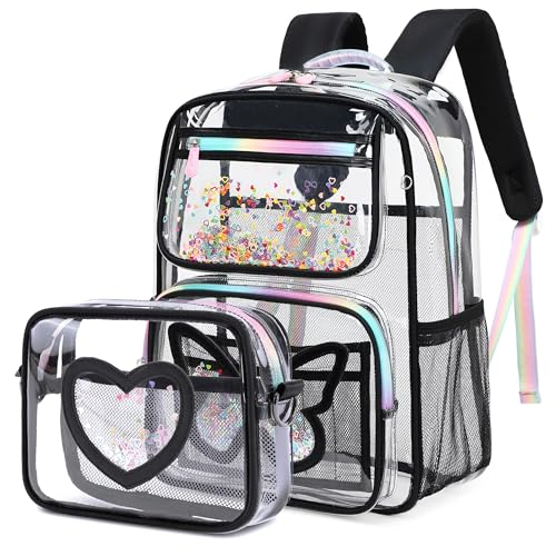 KIDNUO Clear Backpack for Girls Transparent Backpacks Crossbody Bag for Kids Heavy Duty See Through School Bag Clear Bookbag (Black1 Large)