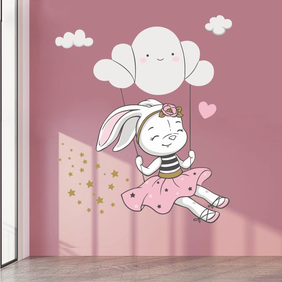 Image of Vinyl Cute Bunny Swing On Cloud Kids Peel and Stick Wall Stickers - Nursery, Baby Room, Bedroom, Living Room, Door, Study - Boho Wall Decoration, 60 x 1 cm, Stars Wall Decals for Baby Boy