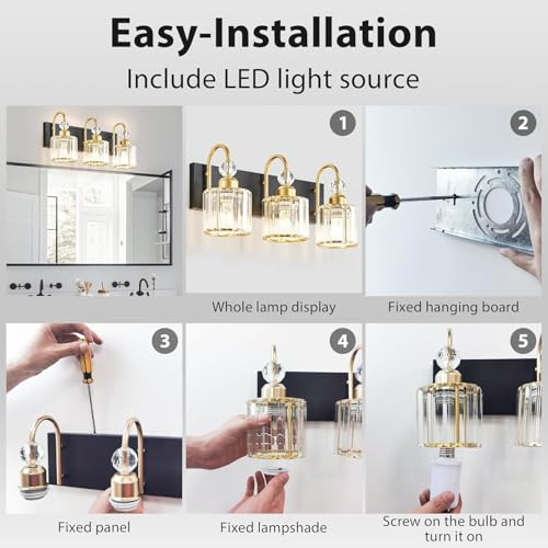 DIAMONDFORGE Bathroom Vanity Light Fixtures Over Mirror, Makeup Lighting for Modern Wall, Bath, Desk, Hallway, Farmhouse, 3 Crystal Lights, Black Gold by DIAMONDFORGE - Image 7