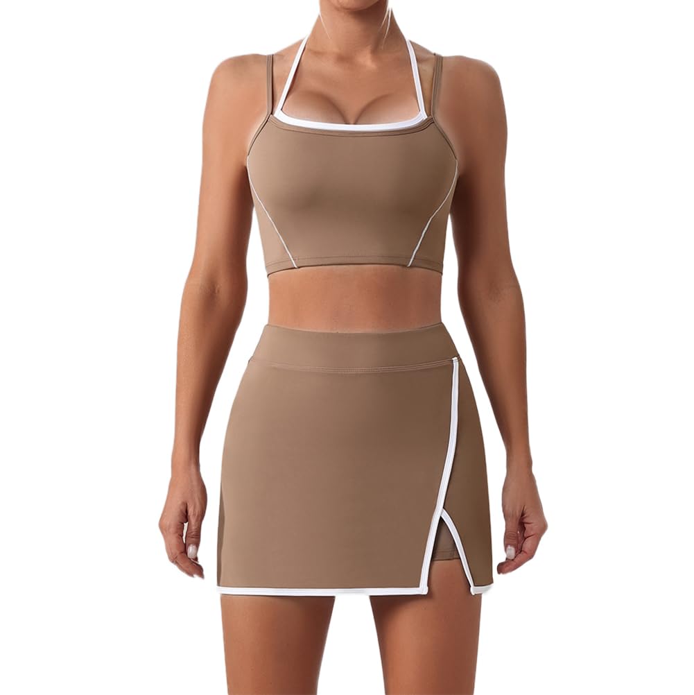 Vêtements de Sport sans Couture pour Femme Ensemble de 2 Pièces Soutien-Gorges Sports Dos Nu + Jupe de Tennis avec Shorts Intégrés Yoga Fitness Entraînement Tenues de Sport Survêtemen