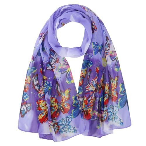 GoGou Chiffon Schal Damen Weiche Blumen Schal Stola Halstuch Tuch Leichter Kopftuch Wrap für Frühling Sommer Herbst Winter,Lila Schmetterling