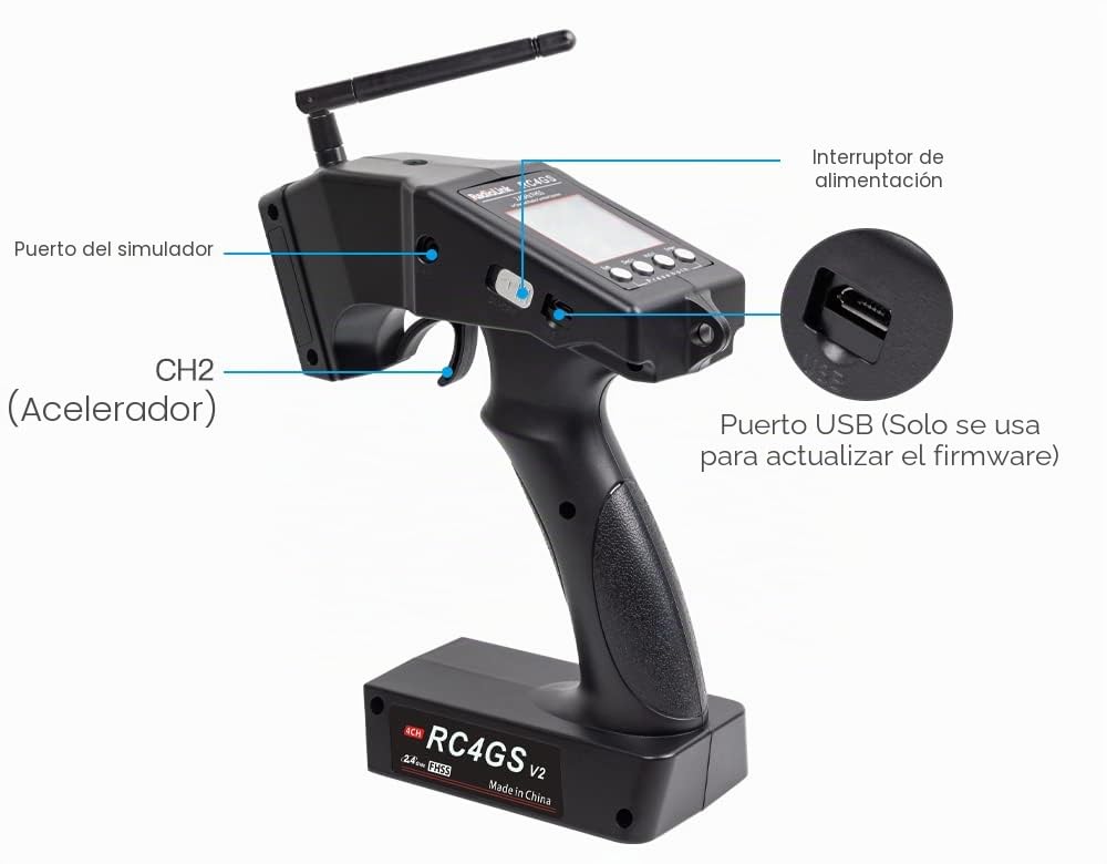 DTXMX RC4GS V2 - Transmisor RC de 4 canales con receptor giroscopio R6FG de 2.4 GHz, control remoto de superficie para pista, camión, coche, barco