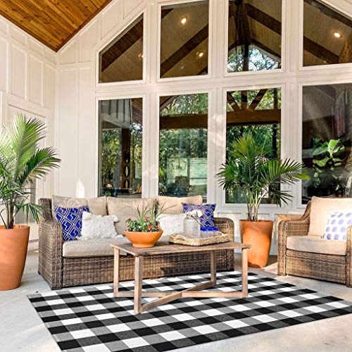 LEEVAN Buffalo Plaid Outdoor Rug 4x6 ft Black and White Outdoor Area Rug Hand-Woven Washable Checkered Large Patio Rug Black and White Checkered Rug for Porch,Farmhouse,Living Room