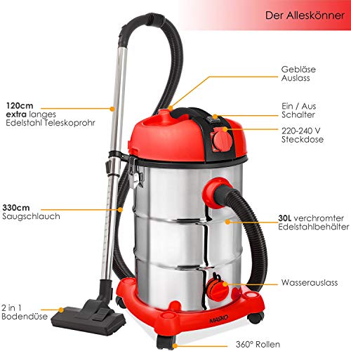 MASKO® Aspirateur industriel Aspirateur eau et poussière aspirateur acier inoxydable 2 300 W + prise électrique Fonction soufflage Aspiration à sec et aspiration de l'eau | Push&Clean, rouge - Image 3
